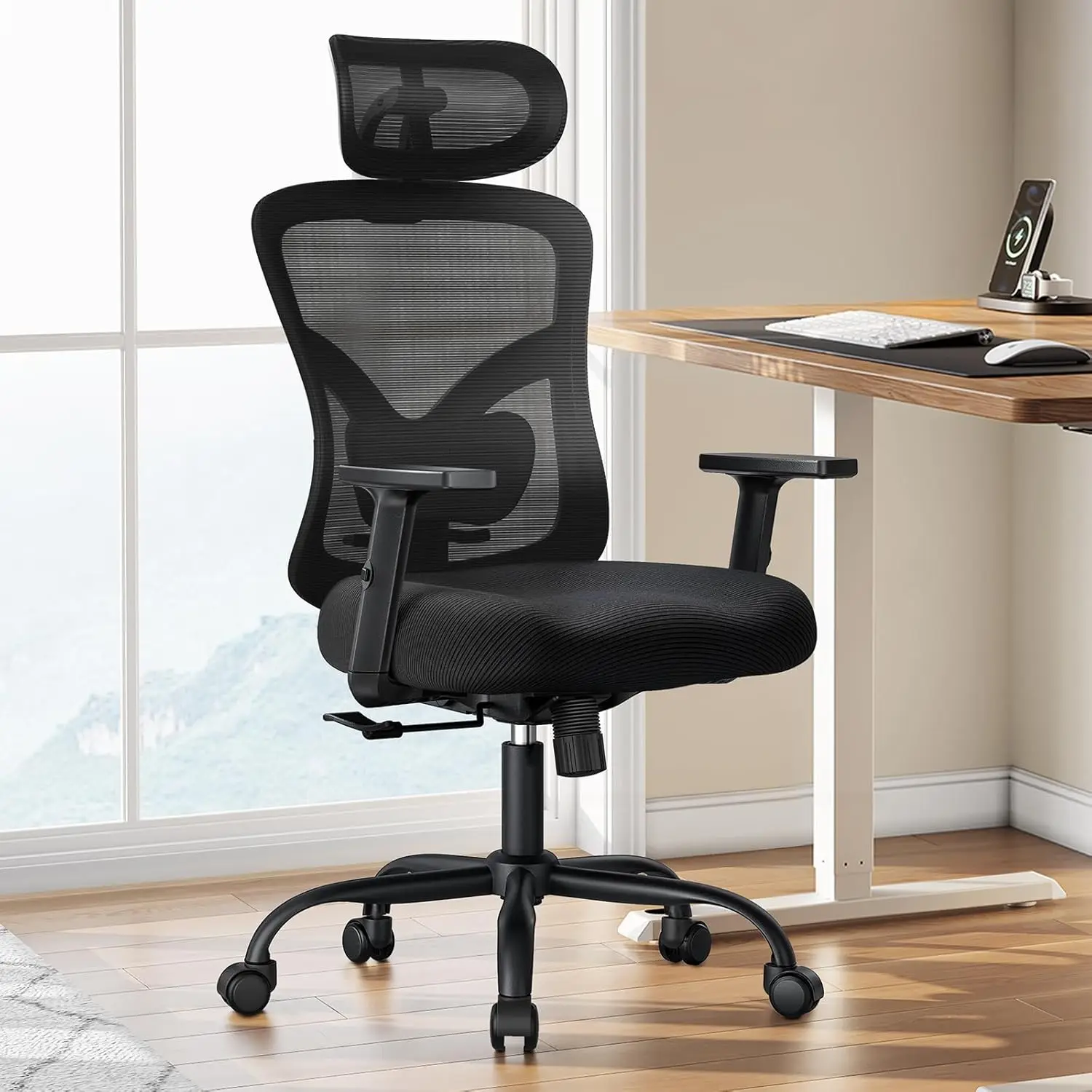 Ergonomic Office Chair with Lumbar Support, 2D Headrest, Adjustable Armrests, Thick Seat Cushion for Home and Office