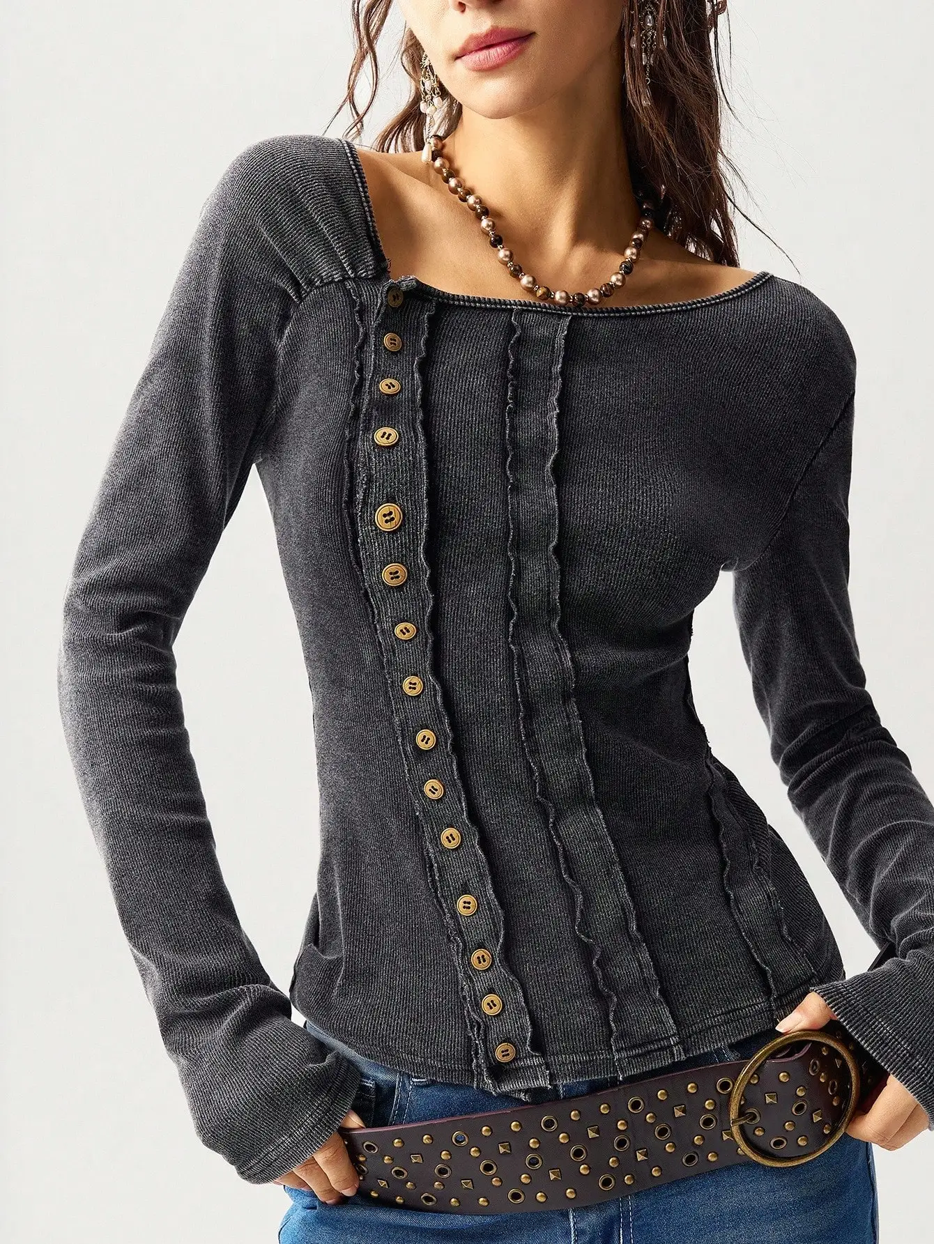 

Dark Washed Ribbed Knit Long Sleeve Top with Button Front and Ruched Detail