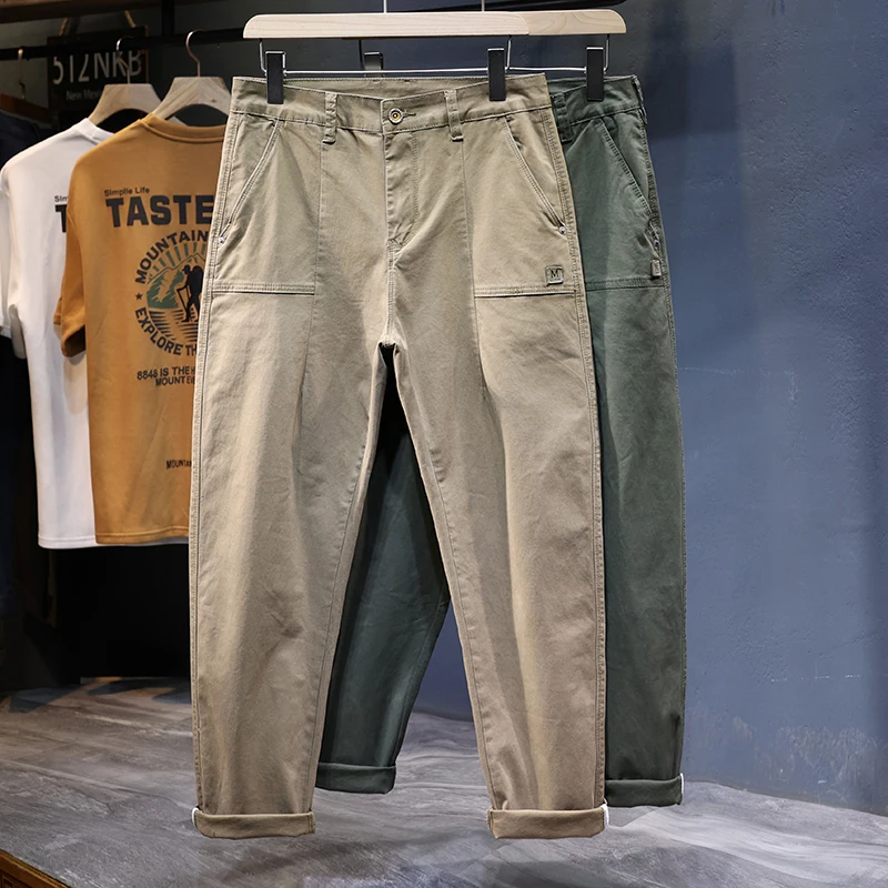 KSTUN Men Baggy Straight Leg Harem Pants Stretch Loose Fit Green Khaki Men's Clothing Full Length Trousers Trendy New Man Kpop