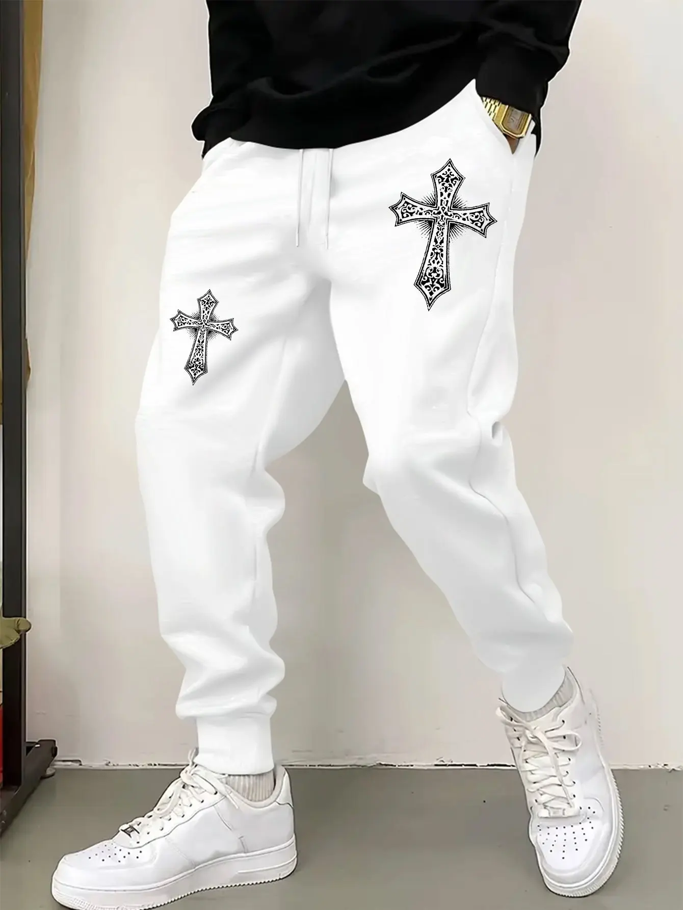 

Y2K Мужские брюки с готическим крестообразным принтом и геометрическим узором для повседневных случаев Мужские брюки стандартной посадки S-3XL