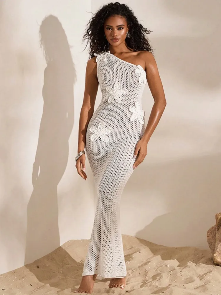 Robe de plage en tricot pour femmes, Sexy, ajourée, asymétrique épaule dénudée, sans manches, Cover-Up pour Bikini, robe de vacances, été, 2026