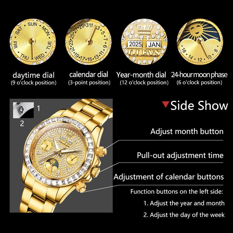 OLEVS 7038 ساعة رجالي أصلية ساعة ميكانيكية أوتوماتيكية الماس الهاتفي مقاوم للماء مضيئة مرحلة القمر المزدوج التقويم ساعة الهدايا