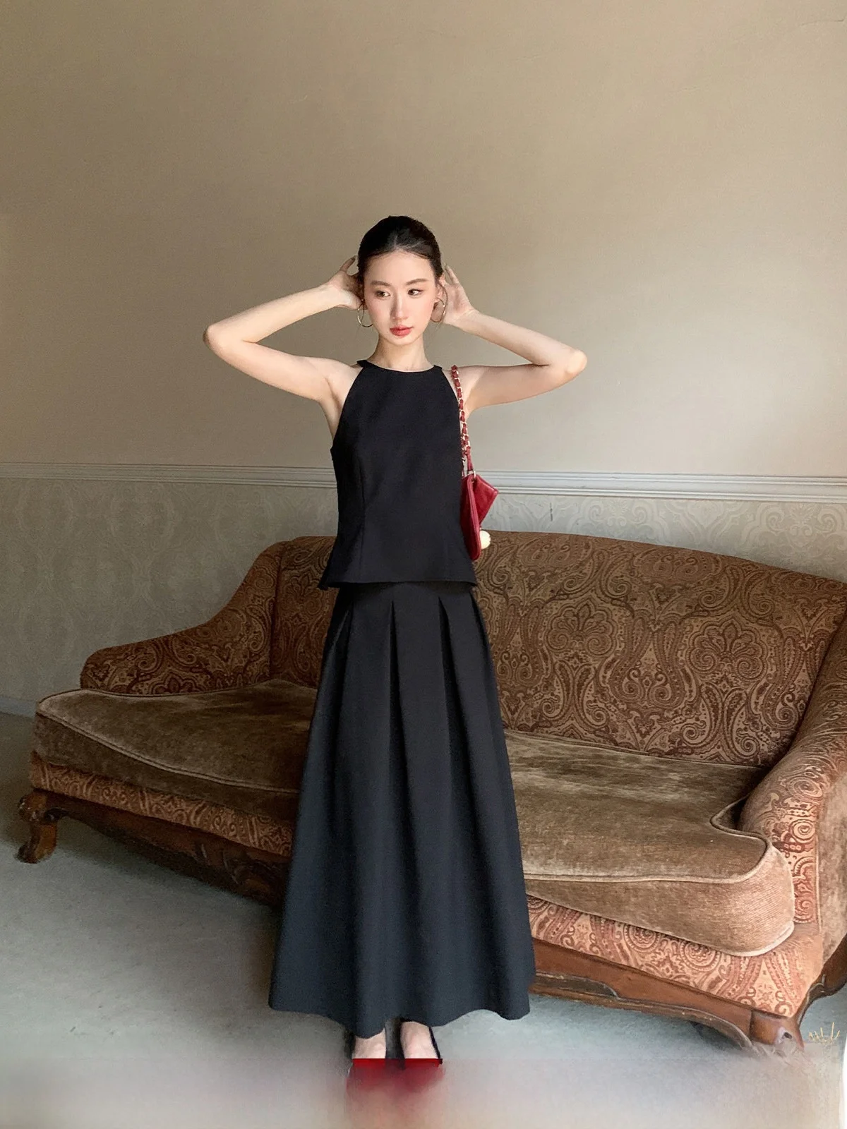 

Ele Knot Bal f Skirt Set Women's Svel High-End Feeling Two-Piece Suit Simple Faionable Ensemble