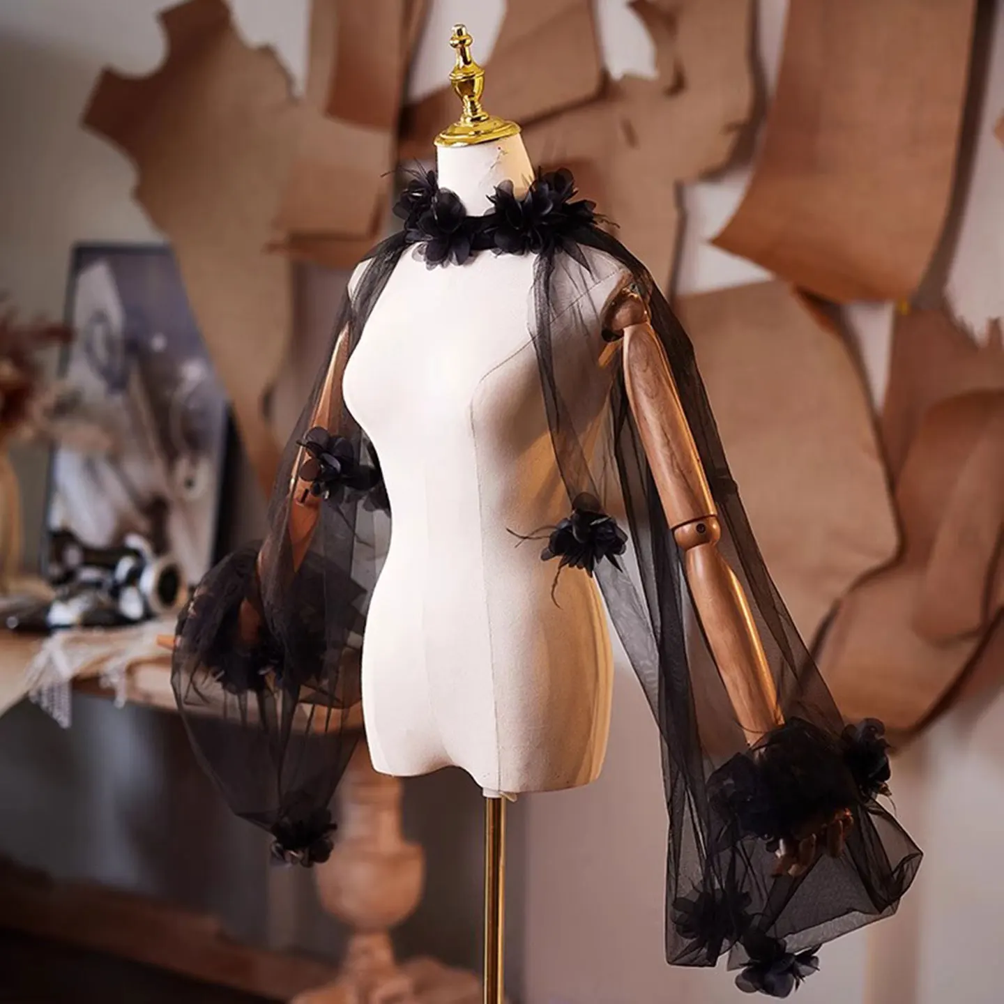 

Mingli Tengda, черная шея, свадебные аксессуары ручной работы, женские цветочные банкетные сетчатые аксессуары с длинными рукавами, шаль с открытой спиной