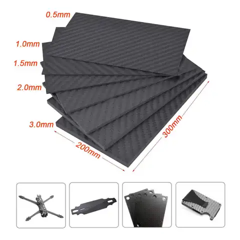 1 Uds 200x300mm hoja de placa de fibra de carbono 3K completa Panel de placa de carbono de alta resistencia espesor 0,5mm 1,0mm 1,5mm 2mm 3mm