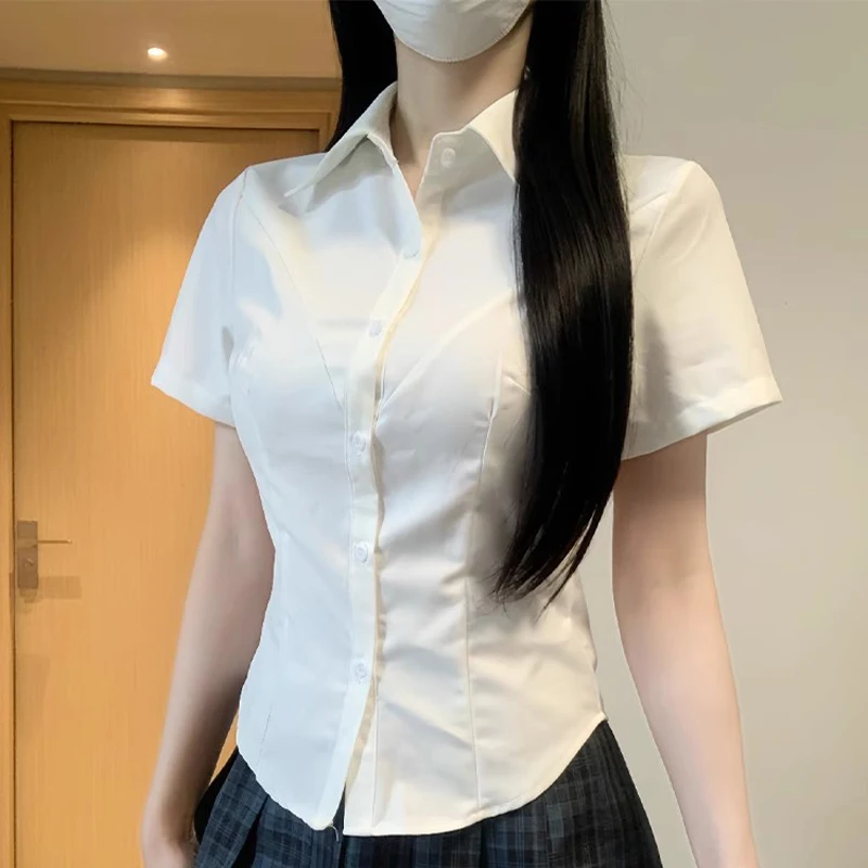 Japanese Gyaru Women's Slim Fit School Shirt V Neck Short Sleeve Slim White Shirt Tops Blouses for JK Uniform Student Clothes