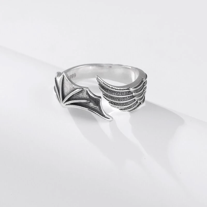 925 Sterling Silver Open Finger Ring Angel Demon Wing Asymmetric Punk For Women Girl Jewelry Gift Dropship Wholesale