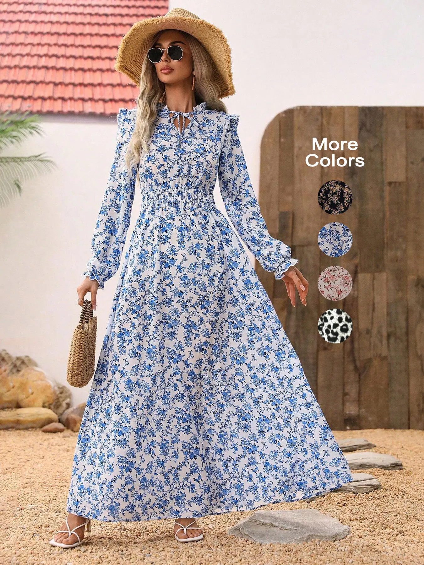 Vestido largo con escote y lazo estampado floral para mujer, traje de playa de vacaciones adecuado para ropa de otoño e invierno.