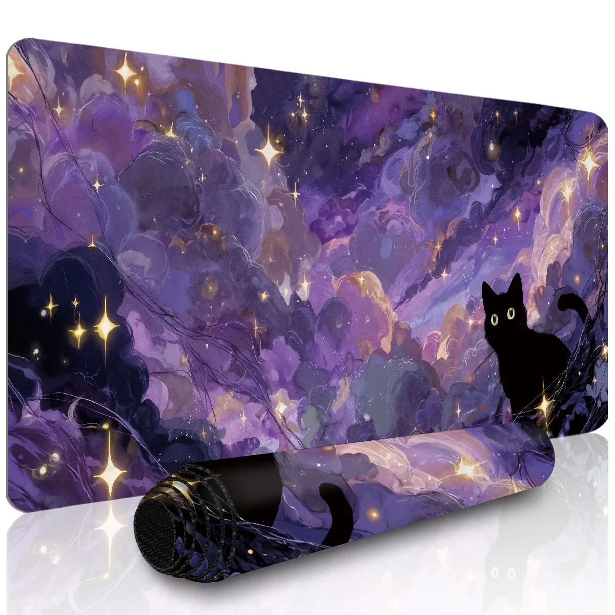 1pc Extra Large Mouse Pad Laptop Keyboard Mat - Mysterious Purple Sky and Black Cat Pattern - HD Printed Desk Protector Mat, Gaming Accessory, Decorative Desk