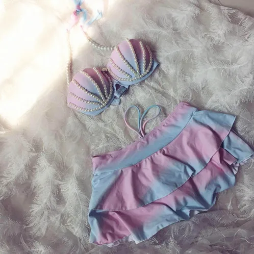 Mermaid Hand-Sewn Pearl Gradient Shell Swimsuit Women'S Split Spa Bikini Large Breasts Small Breasts Steel Support Swimsuit