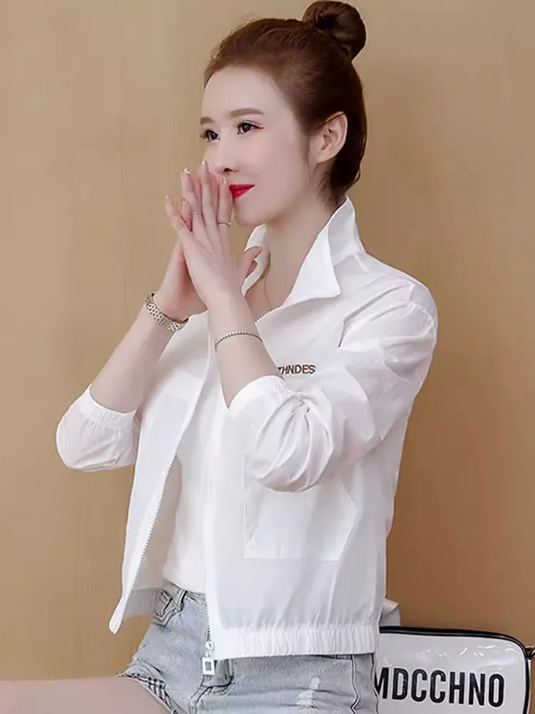 Sifon Putih Irt Pakaian Luar Tabir Surya Ringan Ukuran Kecil Baru Musim Panas Wanita Mantel Tipis Ritsleting Sve Panjang Tabung Lurus