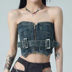 Retro girl star belt double breasted hollow out punk belt ins trend womens cute sexy Denim Cotton Casual corset top