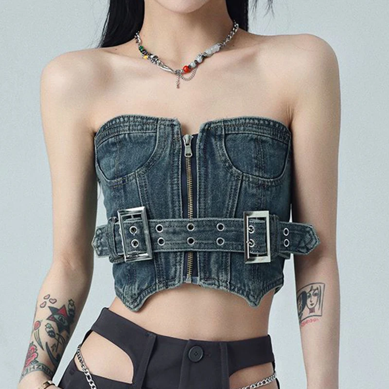 Retro girl star belt double breasted hollow out punk belt ins trend  womens cute  sexy Denim Cotton Casual corset top