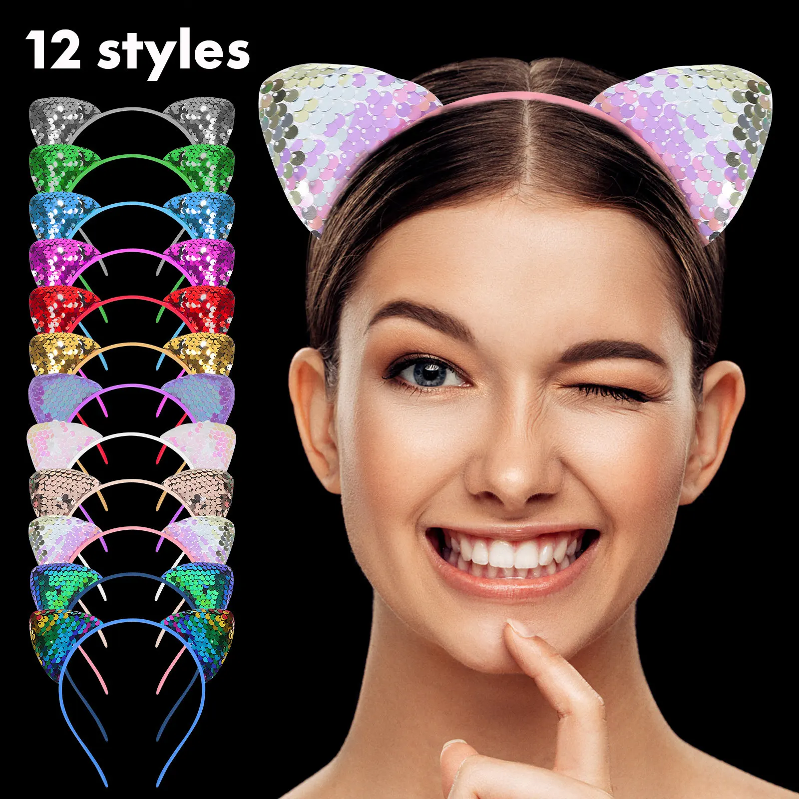 

Набор из 12 заколок для волос в виде кошачьих ушек с блестками, модный аксессуар для женщин и девочек, для вечеринок и фотосессий