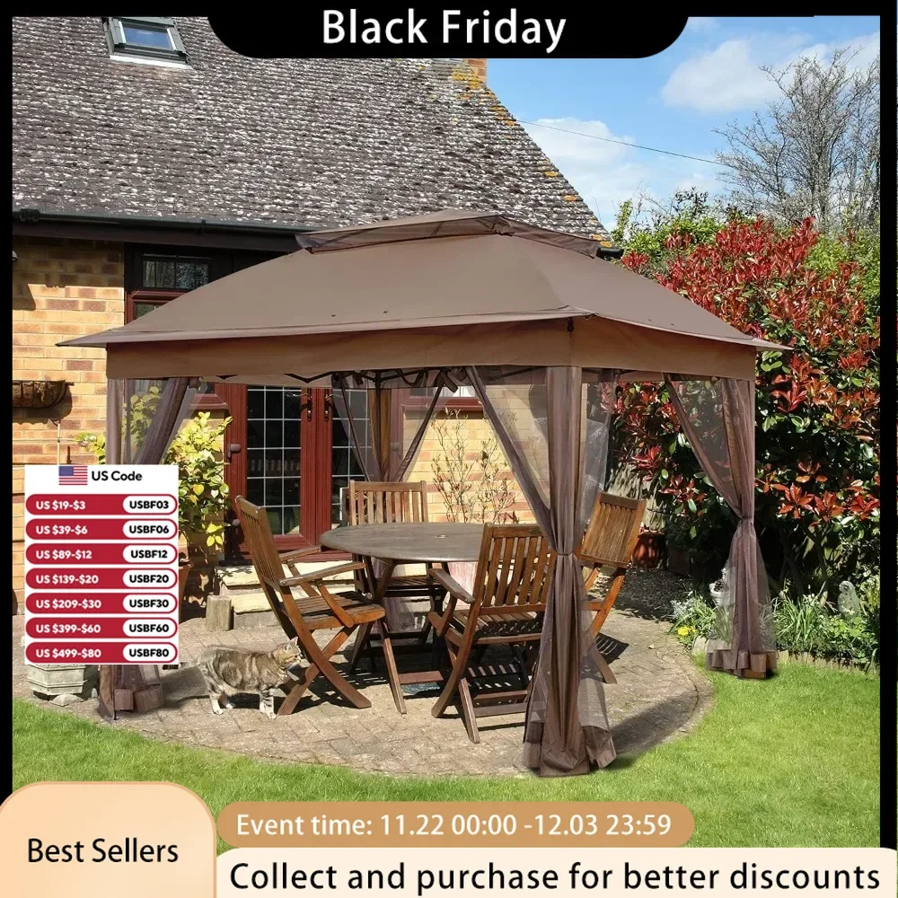 Gazebo Tent 11x11 Pop Up, Instant with Mosquito Netting Outdoor Canopy Shelter with 121 Square Brown Gazebo Pop Up ,Gazebo Tent