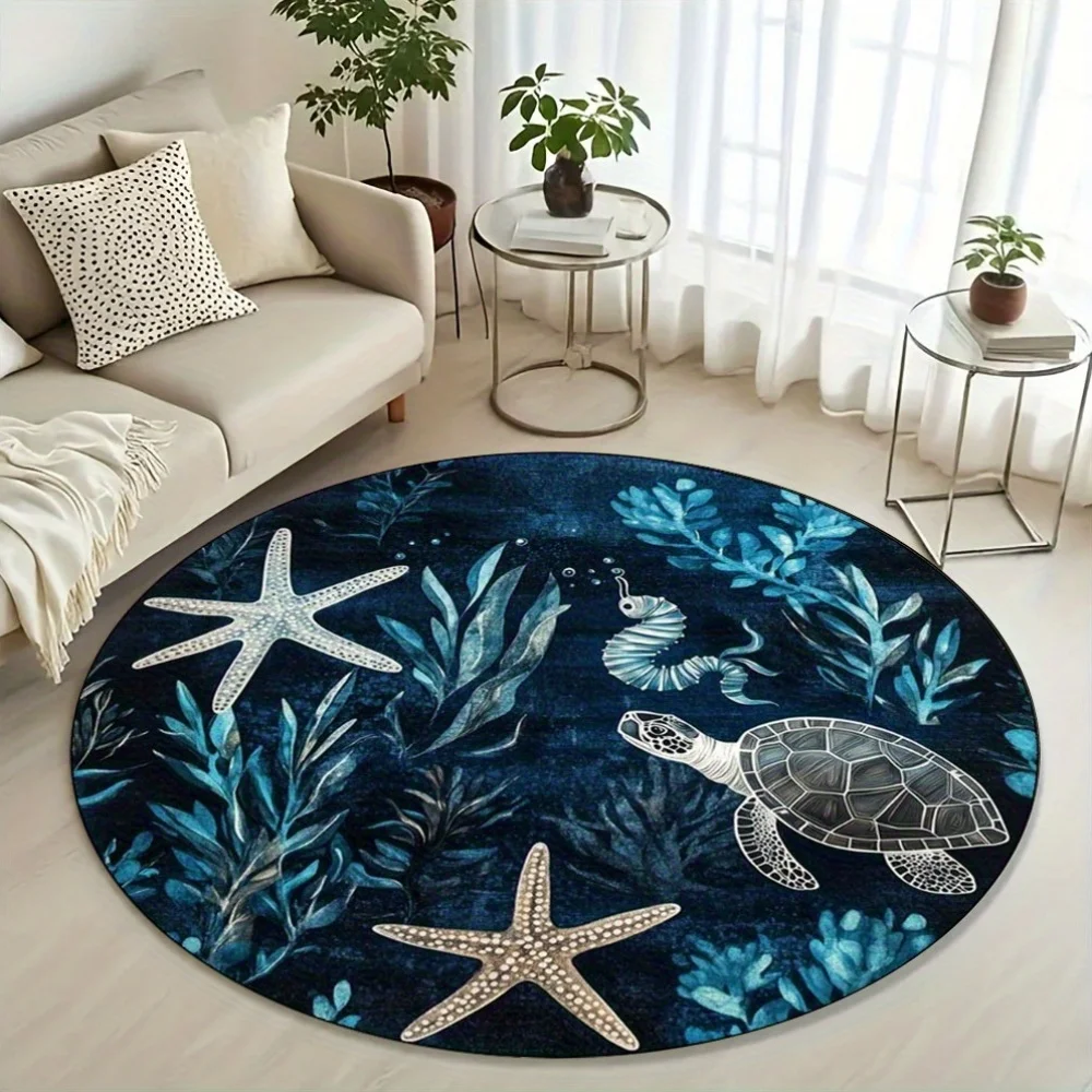 

1pc Marine Animal & Plant Print Round Floor Mat - Dark Blue Flannel with Starfish & Turtle Design, Machine Washable, Durable