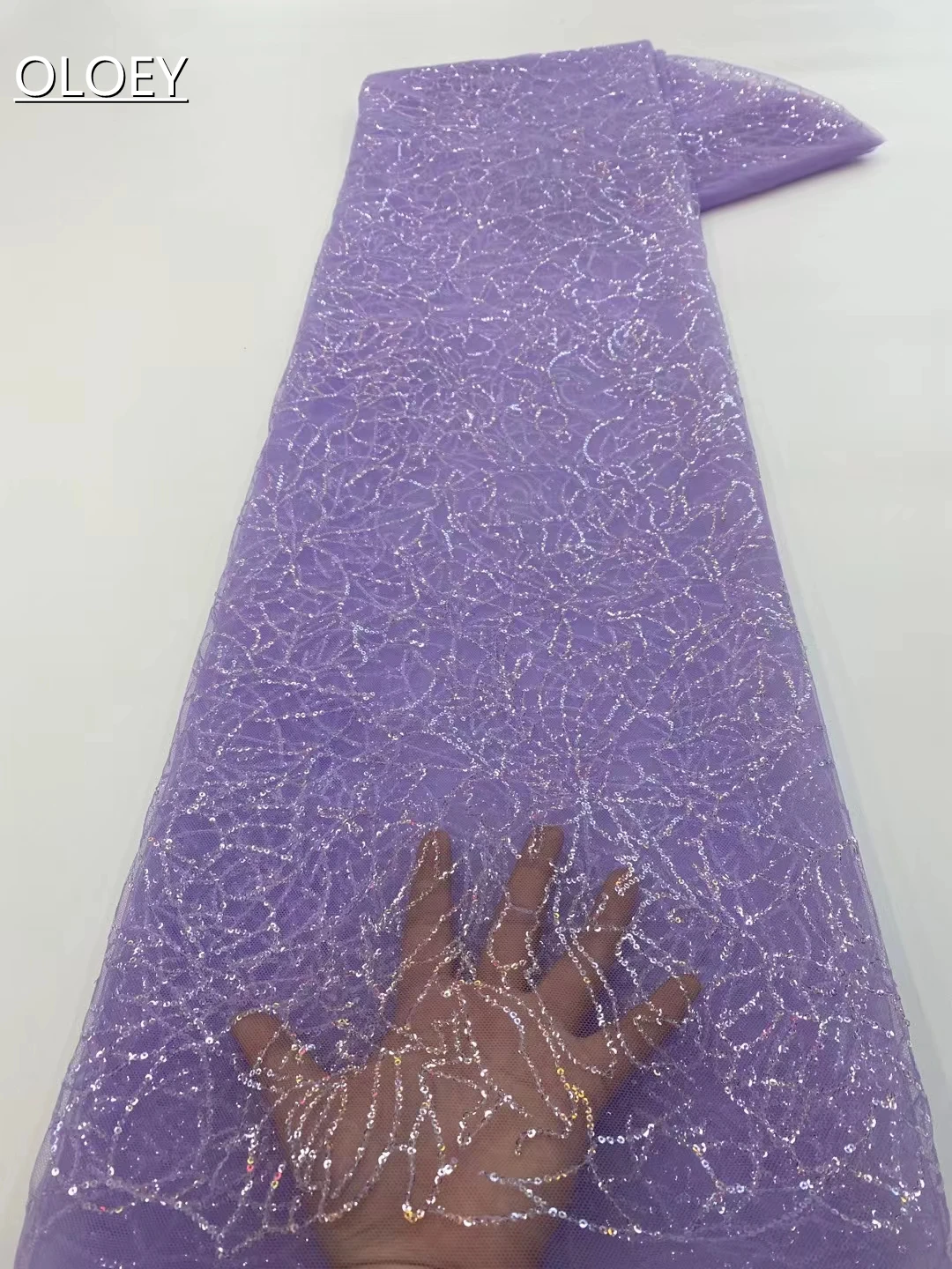 OLOEY Modern Ultra Thin 2cm Crystal Slice High Quality French Tulle Fabric African Sequins Lace Fabric For Wedding Dress
