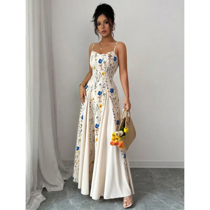 Sommerliches, sexy rückenfreies langes Kleid mit Spaghettiträgern für Damen – Modisches, geblümtes ärmelloses Kleid, elegant und lässig für den Urlaub