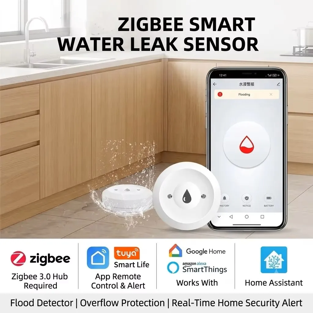 ZigBee 3.0 Smart Water Leak Sensor Wireless Flood Detector Water Leakage Overflow Alarm Security Smart Home