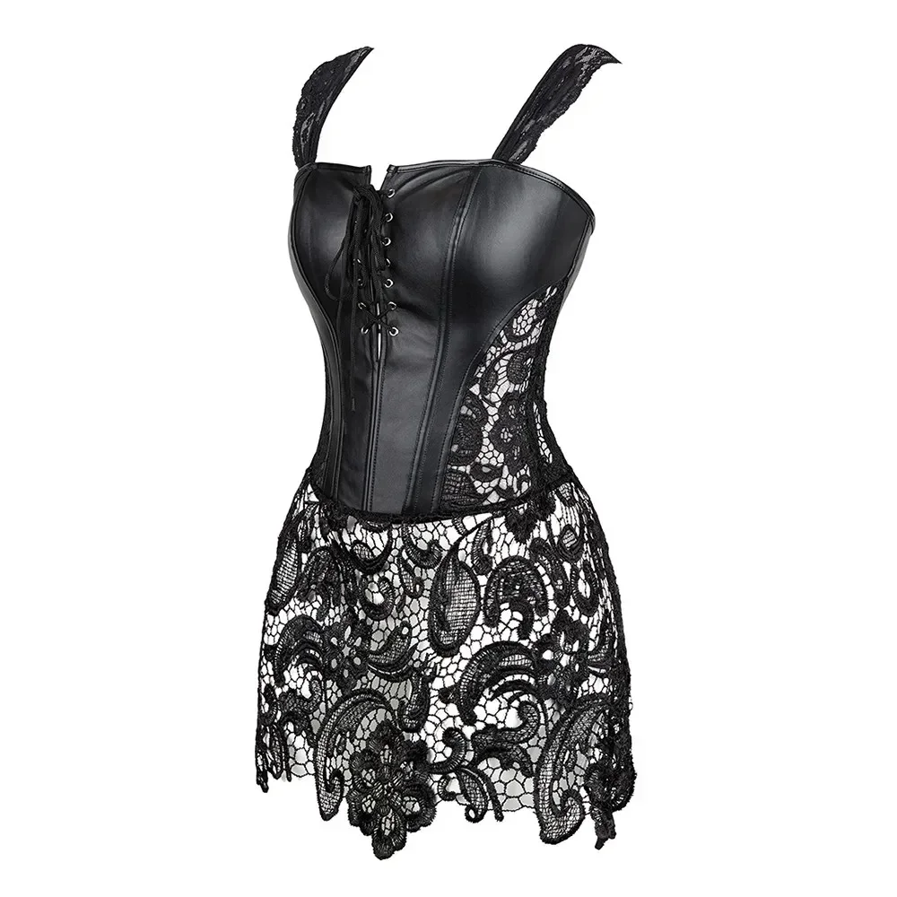 

Steampunk Corset Dress Women Gothic Sexy Faux Leather Zipper Bustier Lace Skirt Black Red Corselet Clubwear