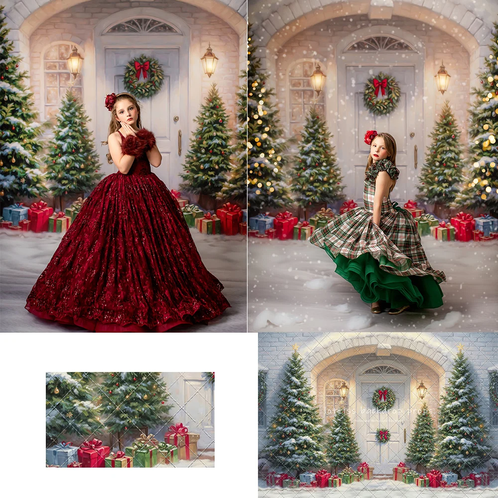 

Xmas Snowy Doorstep Backdrops Kids Girl Photography Props Child Adult Photocall Snowflake Christmas Trees House Backgrounds