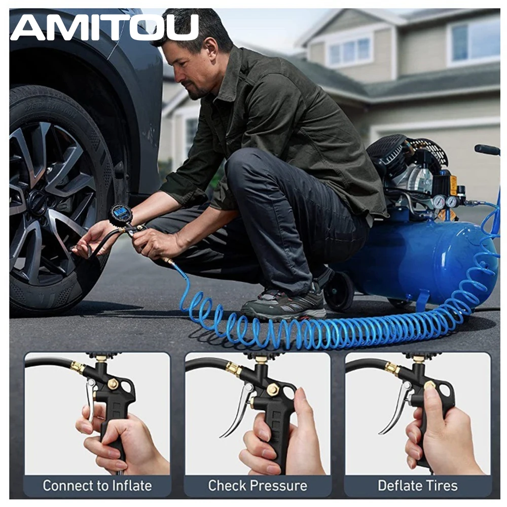 AMITOU เครื่องวัดความดันยางแบบดิจิตอลแบบพกพาหยุดอัตโนมัติ 250PSI สําหรับรถยนต์จักรยานรถจักรยานยนต์ Inflator หัว