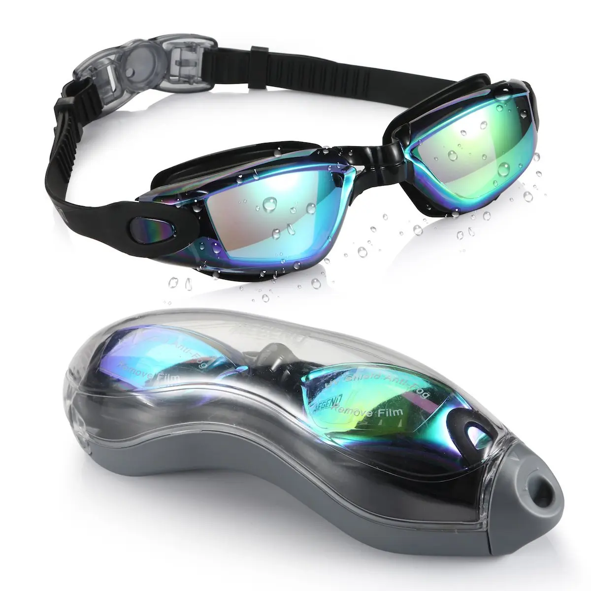 

Pakistan hotsale mirrored swim goggles pack with earplug and noseclip anti fog pro swimming goggles in black