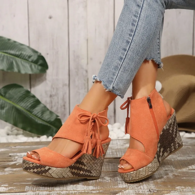 

Plus Size Wedge Sandals Women Spring Summer Round Toe Open Toe Tassel High Heel Platform Fish Mouth Shoes