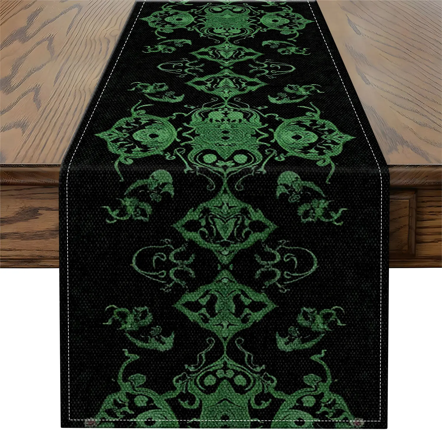 

1 Piece of Dark and Mysterious Emblem-Themed Table Runner with Green Patterns and White Crow Motifs, Suitable for Mysterious Spaces and Fantasy Party Decorations