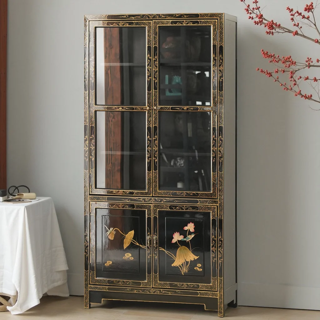 

! Винтажный книжный шкаф в китайском стиле из массива дерева, высокий шкаф со стеклянной дверцей, для хранения вина и декоративных элементов, новый дизайн