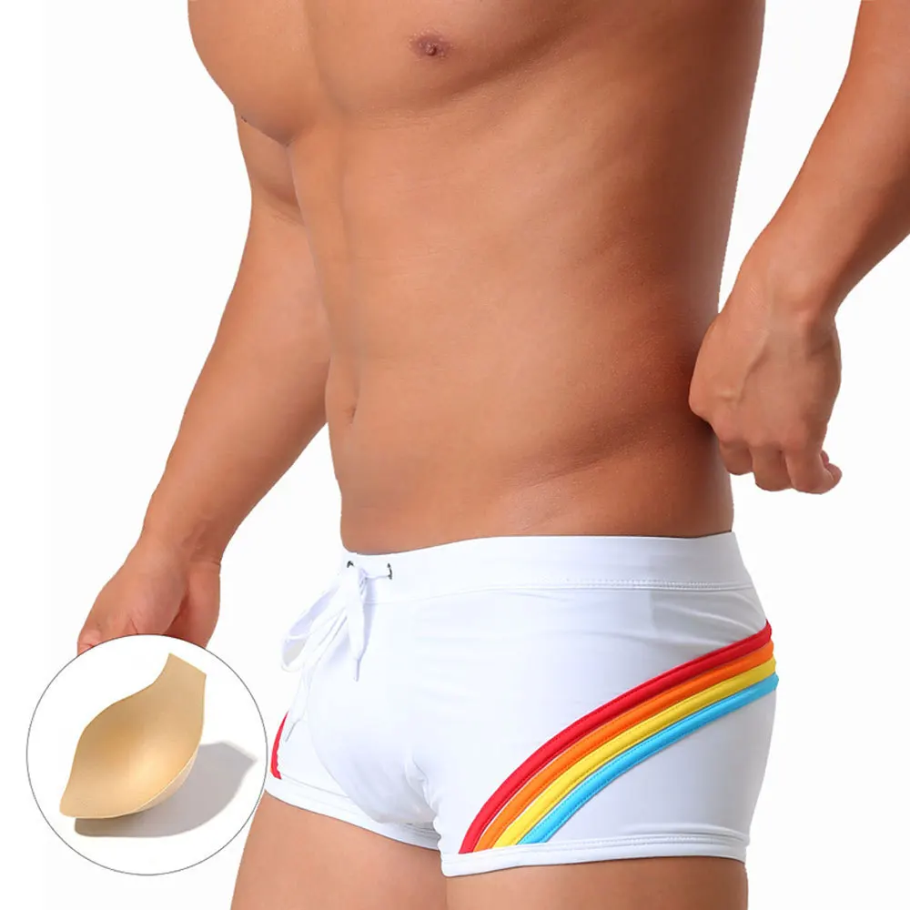 Summer Rainbow Striped Swim Trunks for Men High Quality Quick Drying Sports Swimming Briefs Boxer Bathing Swimsuit Beach Shorts