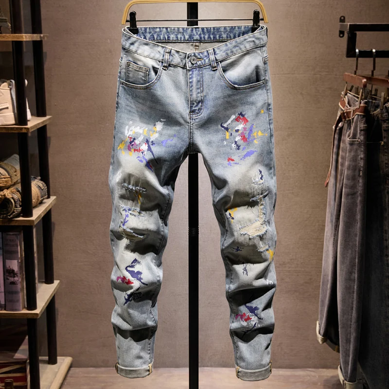 

Street Style Fashion Men Jeans Retro Light Blue Stretch Slim Fit Painted Ripped Jeans Men Splashed Vintage Casual Denim Pants