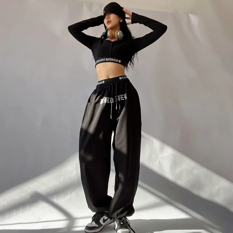 

Korean Fashion Black Sweatpants Women Streetwear Spring Summer Wide Leg Sports Pants Letter Print Oversized Jogging Trousers Y2k