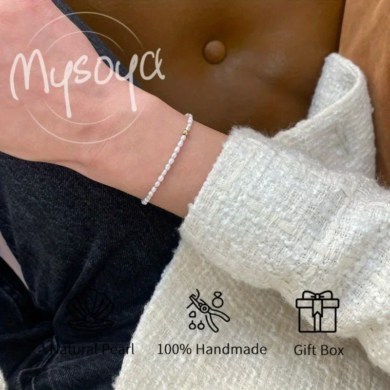 

MYSOYA 3-4mm White Baroque Rice Shape Freshwater Pearl Bracelet For Women Men With Gift Box Wedding Birthday Anniversary Gift