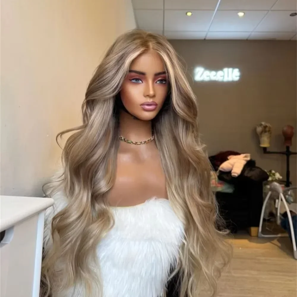 Soft Ash Blonde Balayage Long Body Wave Synthetic Lace Front Wig 13X4 Preplucked Glueless Wig Heat Resistant Daily Use