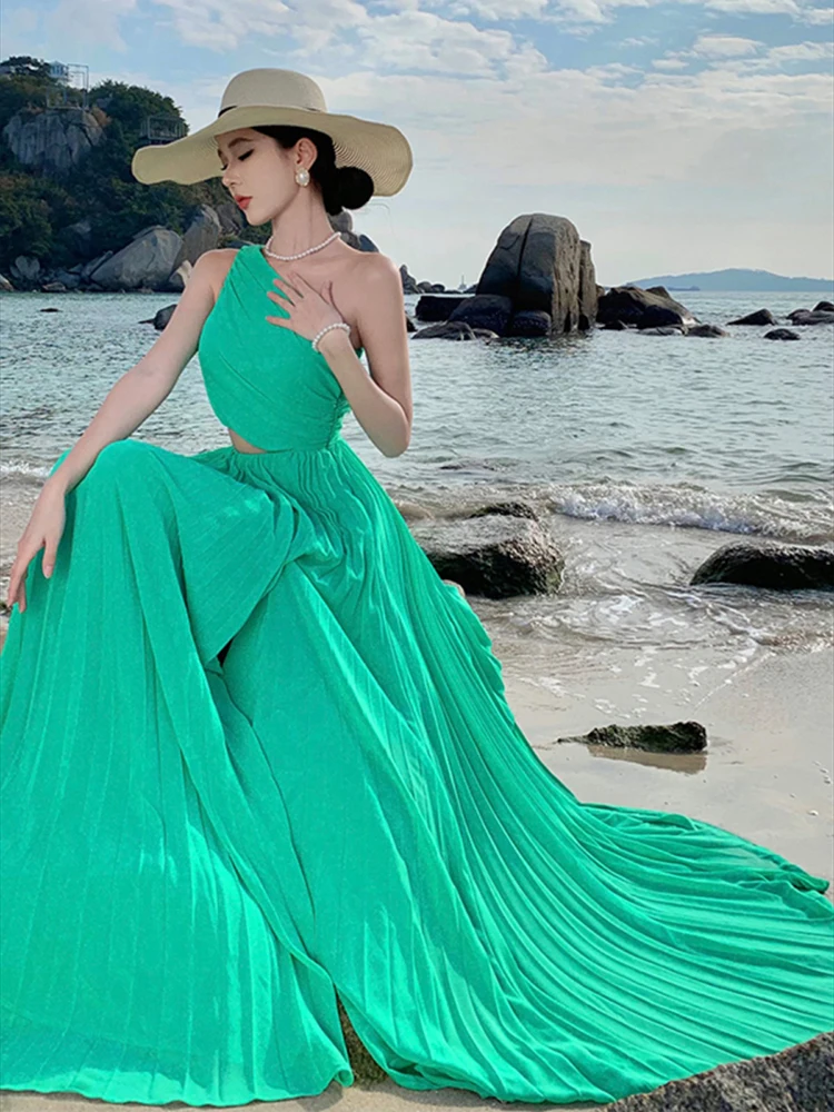 Green Elegant One Shoulder Slim Party Evening Long Dress Women Sexy Club Off Shoulder Summer Fashion High Waist Split Dress Chic