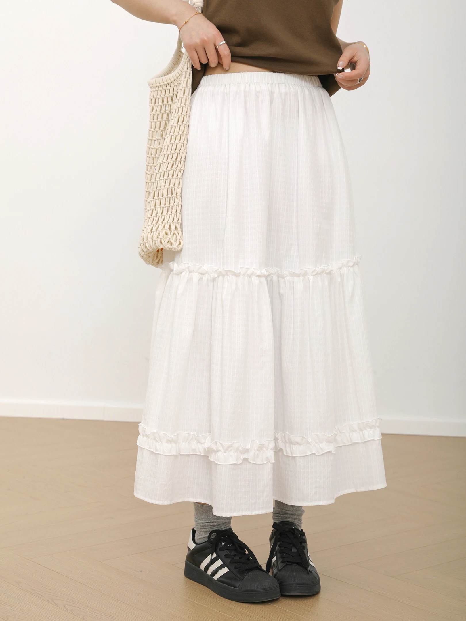 

Sweet Girl Slim Fit A-Line Midi Skirt Spring Summer New Arrival Polyester Cotton Viscose Salt Shrinkage Elastic Waist Skirt