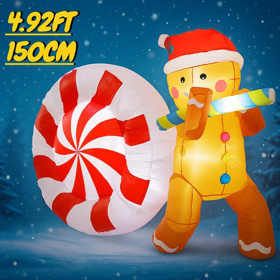 

4.92FT Inflatable Toy Gingerbread Man Giant Candy Xmas Yard Decoration LED Christmas Outdoor Decor Supplies Home Ornament Gifts
