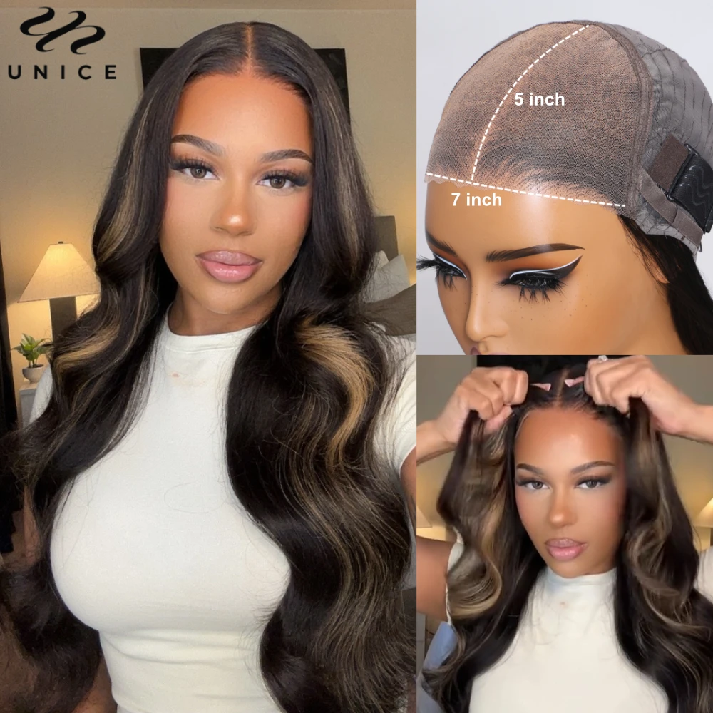 UNice Body Wave Highlight Wig Human Hair 13x4 Lace Frontal Wig Pre Cut Pre Bleached Knots 7x5 Lace Wig Wear Go Glueless Wig