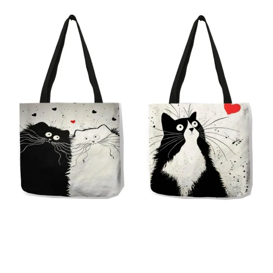 

New One Shoulder Canvas Bag for Women, Versatile Ins Cute Cat Cartoon Campus Student Class Zipper Handheld Cloth Bag