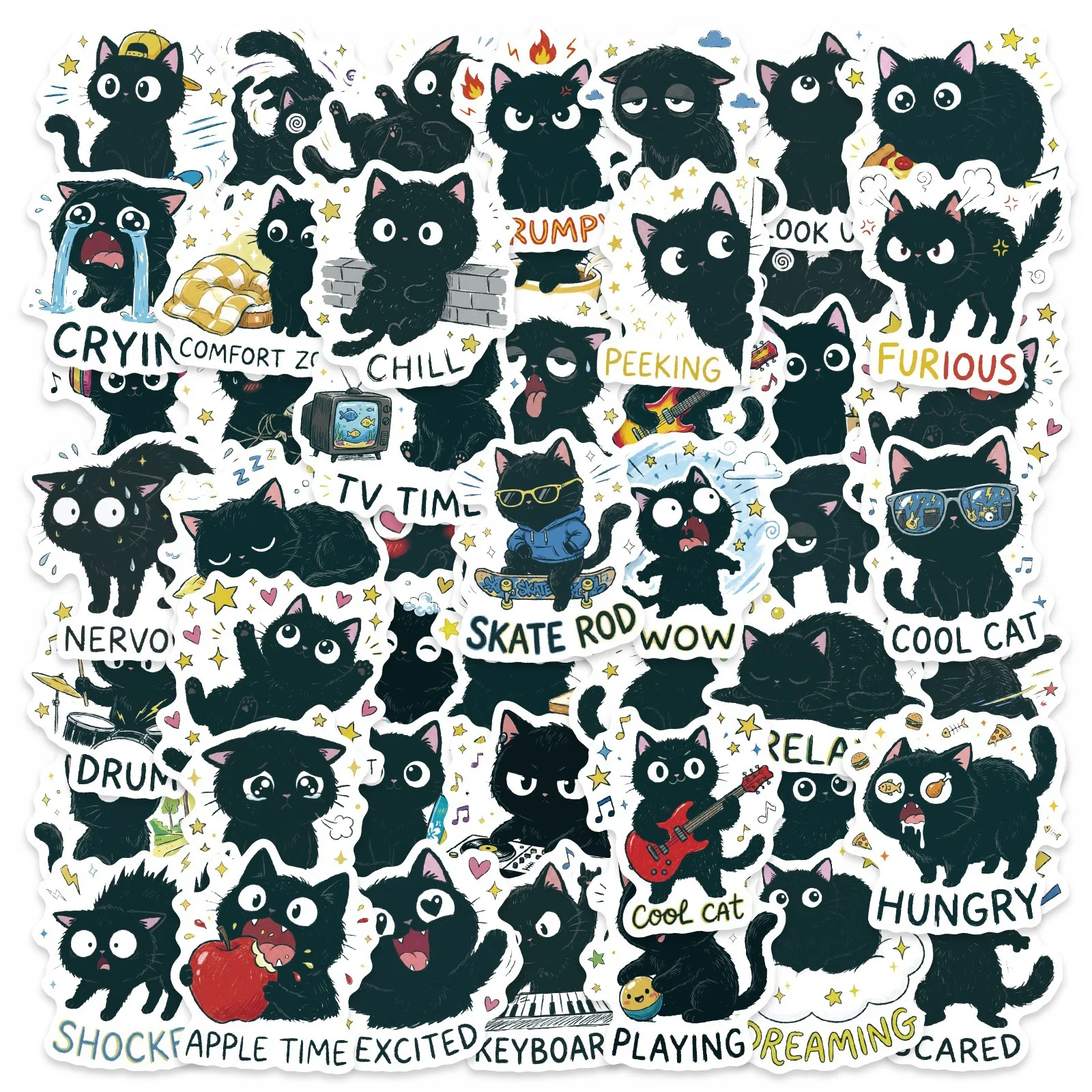 10/30/50 Neue Niedliche Schwarze Katzen-Tagebuch-Cartoon-Aufkleber DIY Skateboard Auto Laptop Motorrad Wasserdichte Coole Aufkleber Klassisches Spielzeug Geschenk