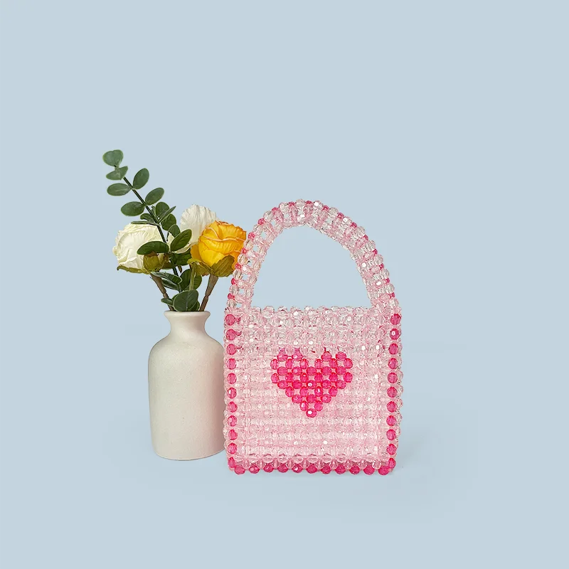 New Winter Heartbeat Handmade Bead Bag with Multi Color Love Pattern Crystal Powder Handheld Open Small Square Bag