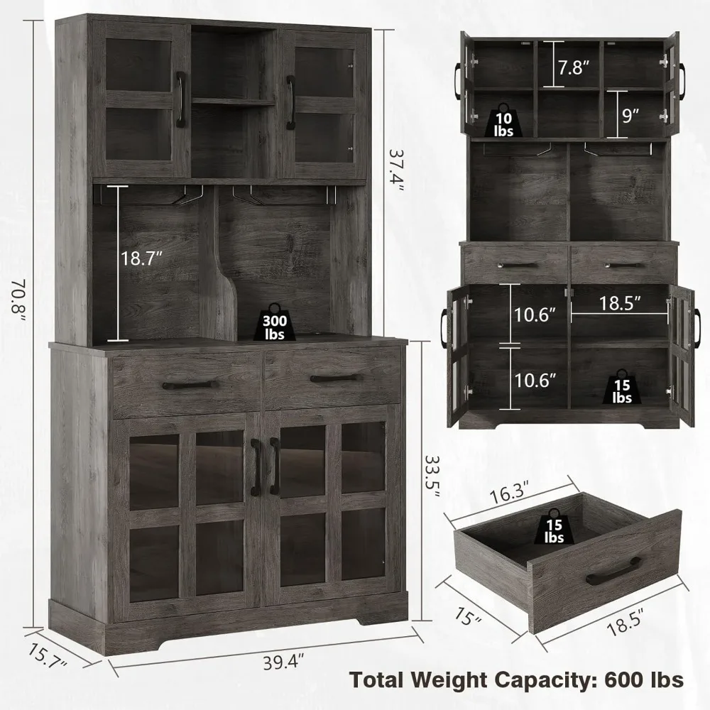 Pantry Storage Cabinet, Modern Pantry with Power Outlet, Food Pantry Cabinet with Wine Glass Holder, Kitchen Hutch Cabinet