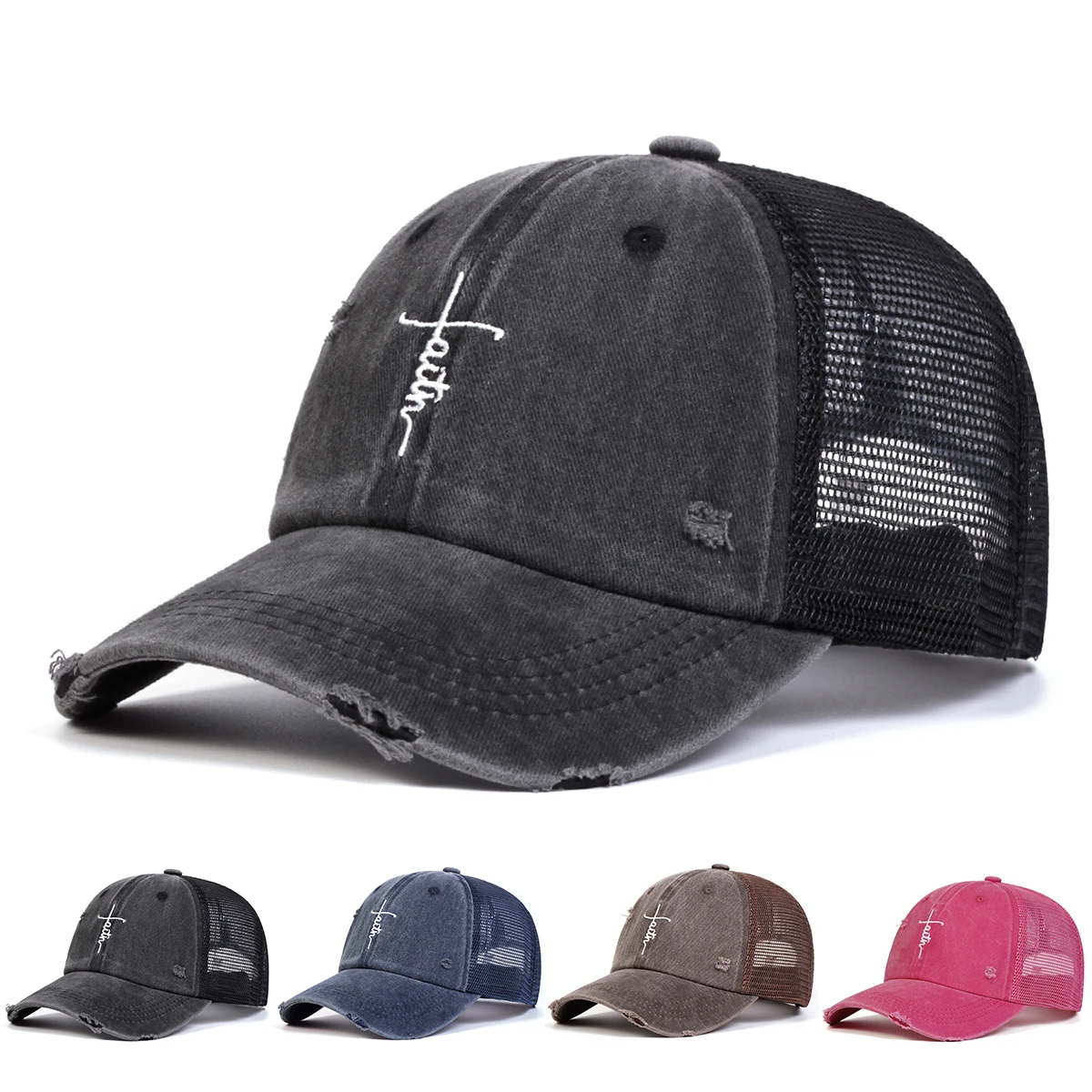 1piece Unisex Letter Cross Embroidery Wash Baseball Net Caps Spring Summer Outdoor Adjustable Casual Hats Sunscreen Hat