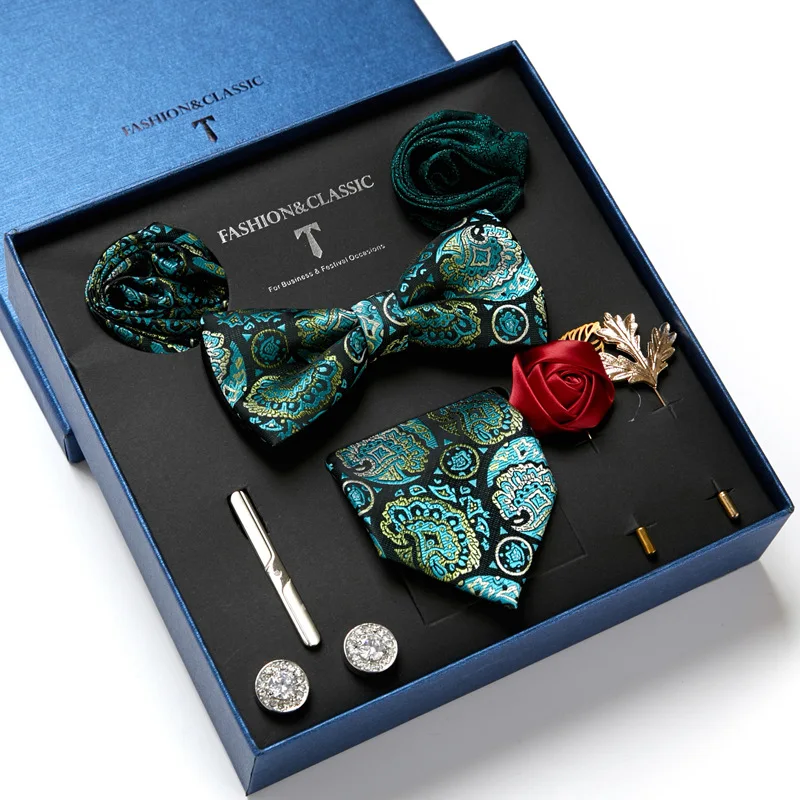 Men's Suit Dress Accessories (Tie + Bow and Square Scarf + Clip + Button and Metal Flower Brooch) 36 Colors To Choose.