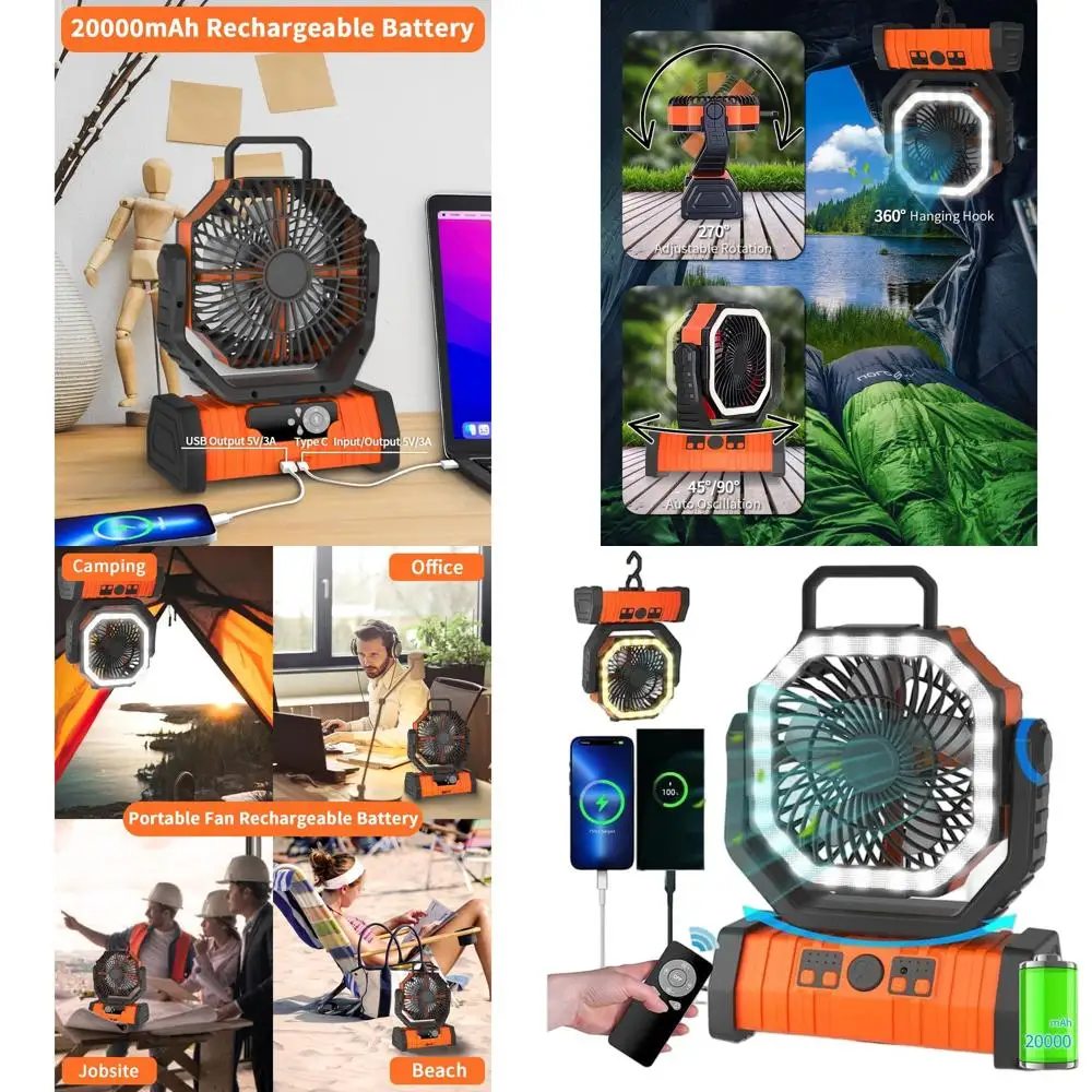 

Портативный уличный вентилятор для палатки - аккумулятор 20000 мАч, 4 скорости, пульт дистанционного управления, крючок для подвешивания - оранжевый