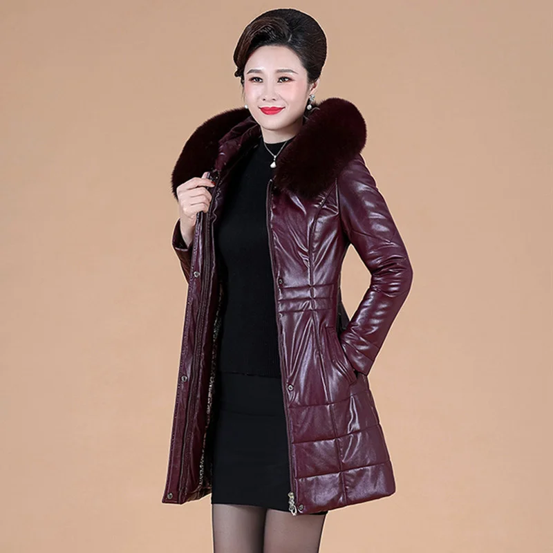 Long L-8XL Leather Women Coat Winter 2023 Mother Sheepskin Outerwear Thicken Warm Camel Overcoat Fur Collar Hooded Jacket Female