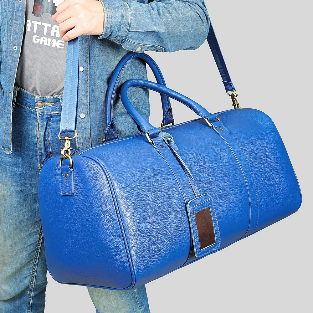 Bolsos de viaje de cuero genuino de gran capacidad para hombres y mujeres, bolso de hombro de cuero de vaca negro suave, bolsa de viaje informal, alta calidad