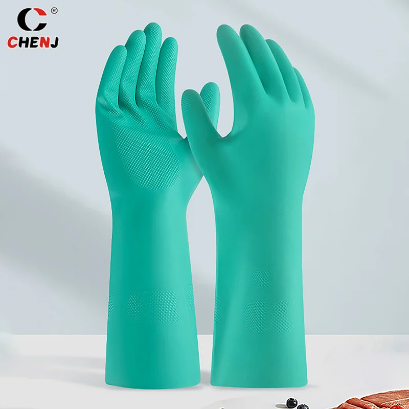 Guantes gruesos de nitrilo resistentes al ácido, manoplas de manga larga impermeables para jardinería, pintura química, sin látex, 1 par