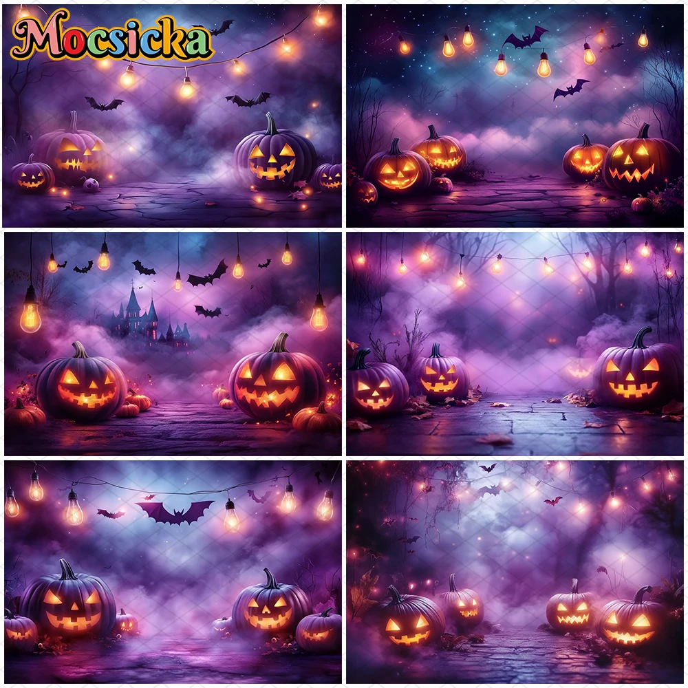 

Mocsicka Halloween Castle Background Forest Bat Jack-O-Lantern Decoration Banner Purple Pumpkin Party Photo Backdrop Photography